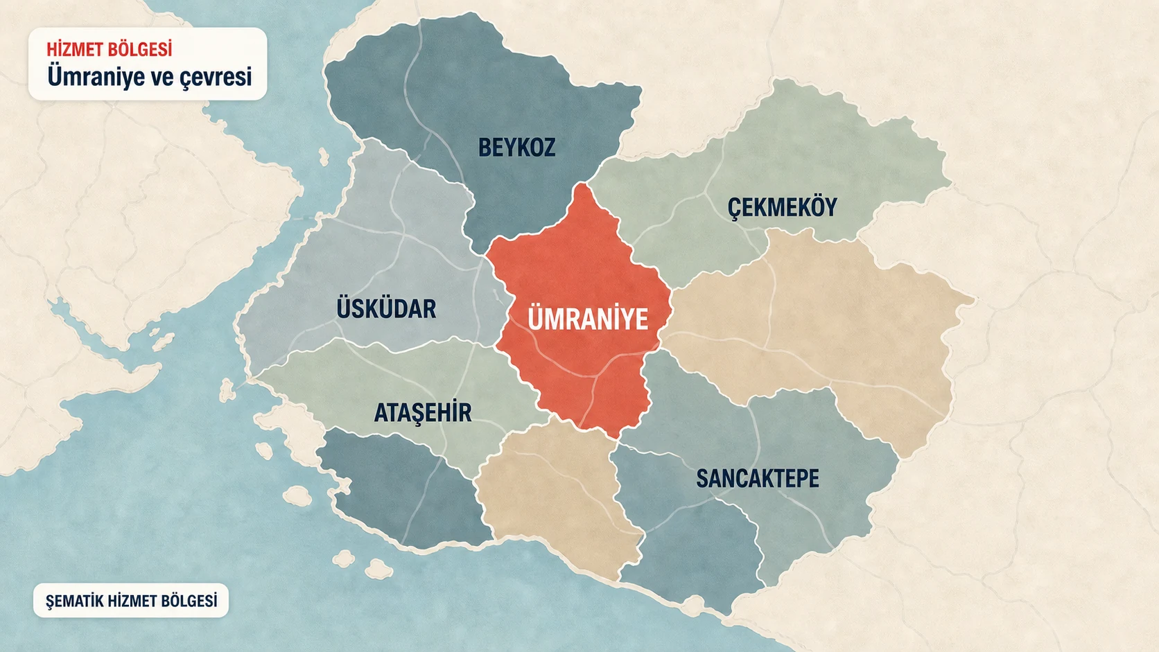 Ümraniye merkezli, Beykoz, Üsküdar, Çekmeköy, Ataşehir ve Sancaktepe çevresini etiketleriyle gösteren şematik hizmet bölgesi görseli